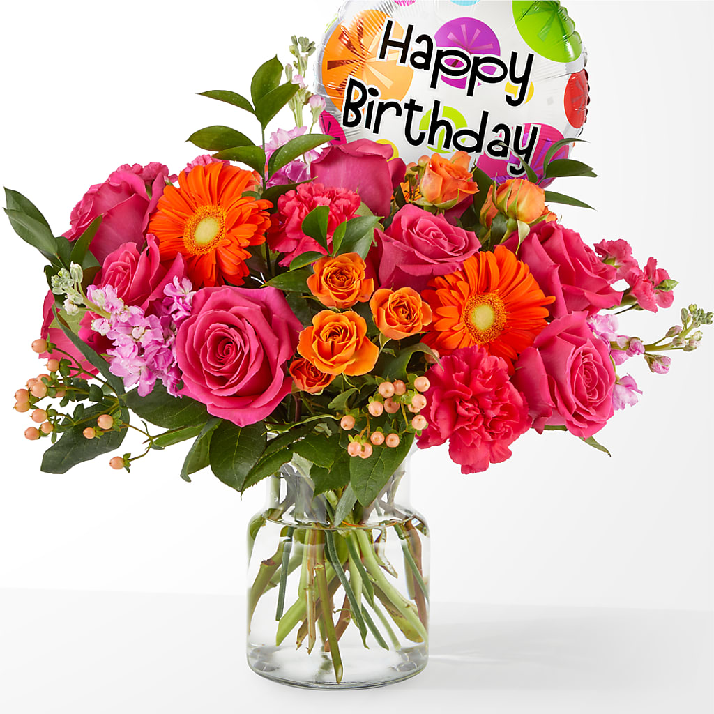 Fiesta Bouquet with Birthday Balloon – DIANA'S FLOWERS, Oak Hills CA