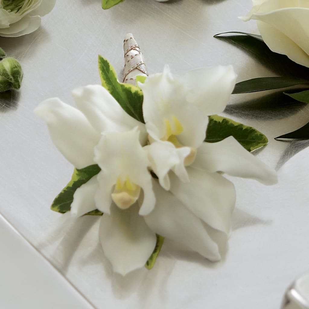 White Mini Cymbidium Boutonniere – DIANA'S FLOWERS, Oak Hills CA